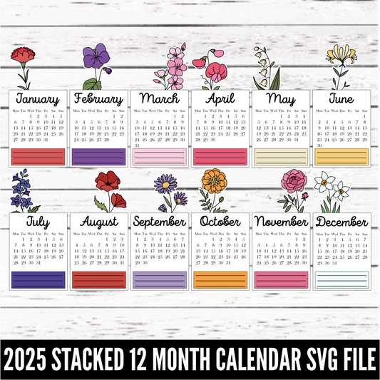 2025 12-Month Stacked Calendar - SVG download - Digital Download